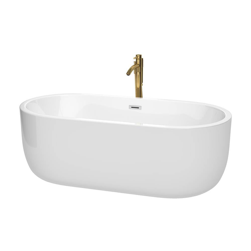 Wyndham Collection - Juliette 67 Inch Freestanding Bathtub in White with Polished Chrome Trim and Floor Mounted Faucet in Brushed Gold