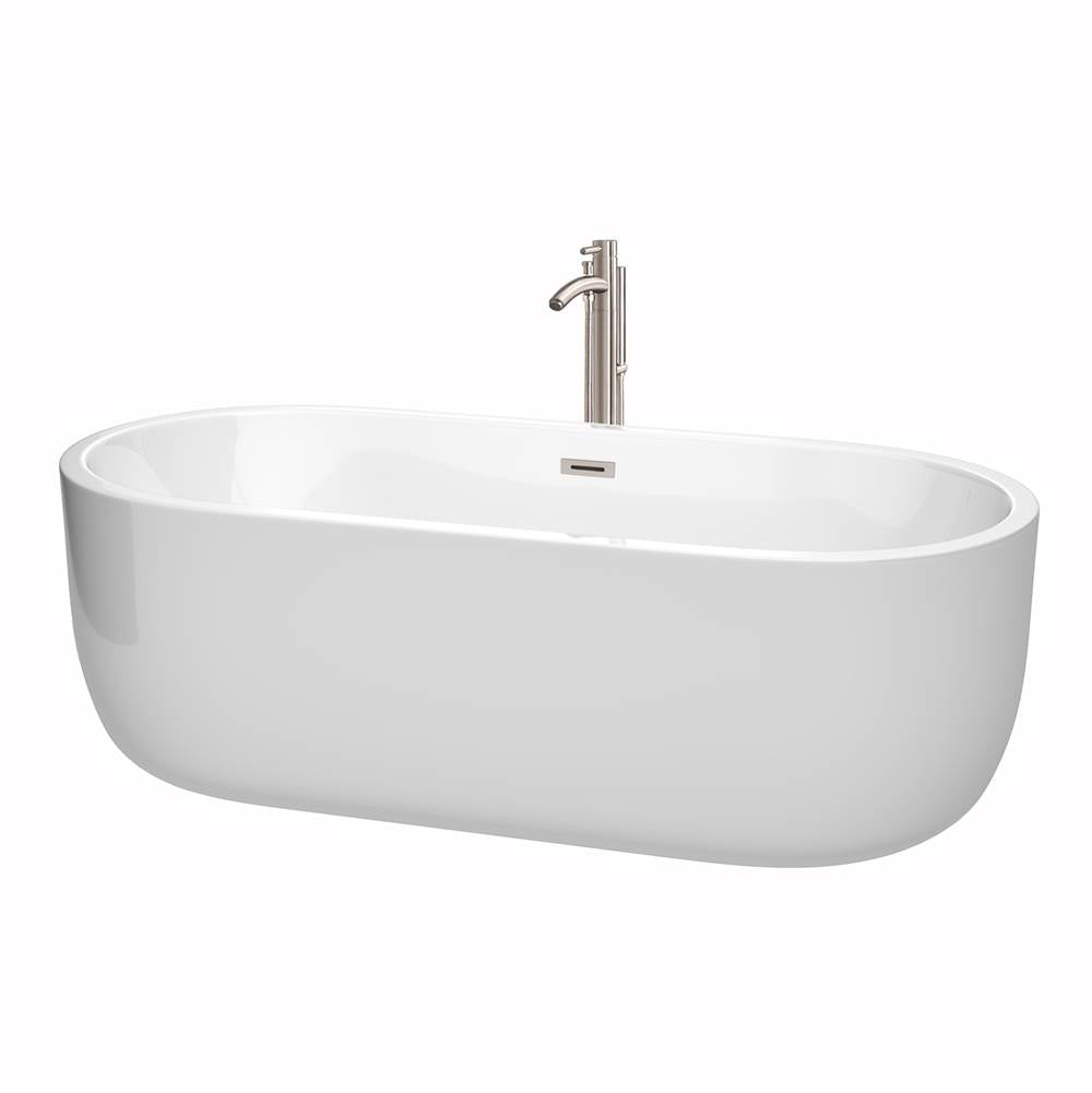 Wyndham Collection - Juliette 71 Inch Freestanding Bathtub in White with Floor Mounted Faucet, Drain and Overflow Trim in Brushed Nickel - White With Brushed Nickel
