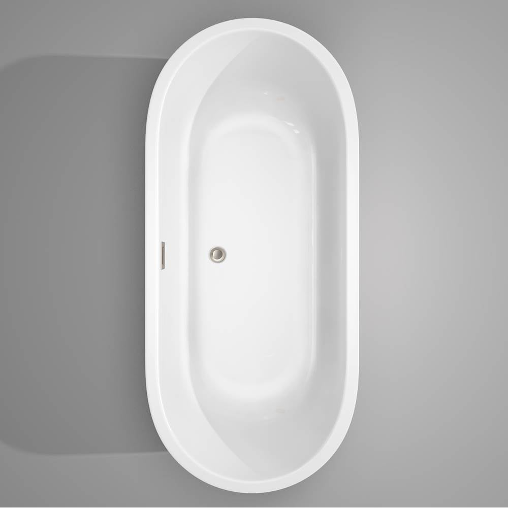 Juliette 71 Inch Freestanding Bathtub in White with Floor Mounted Faucet, Drain and Overflow Trim in Brushed Nickel