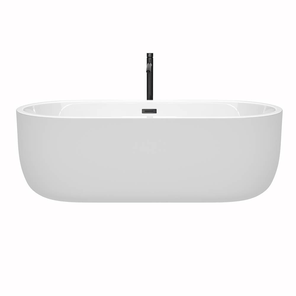 Juliette 71 Inch Freestanding Bathtub in White with Floor Mounted Faucet, Drain and Overflow Trim in Matte Black