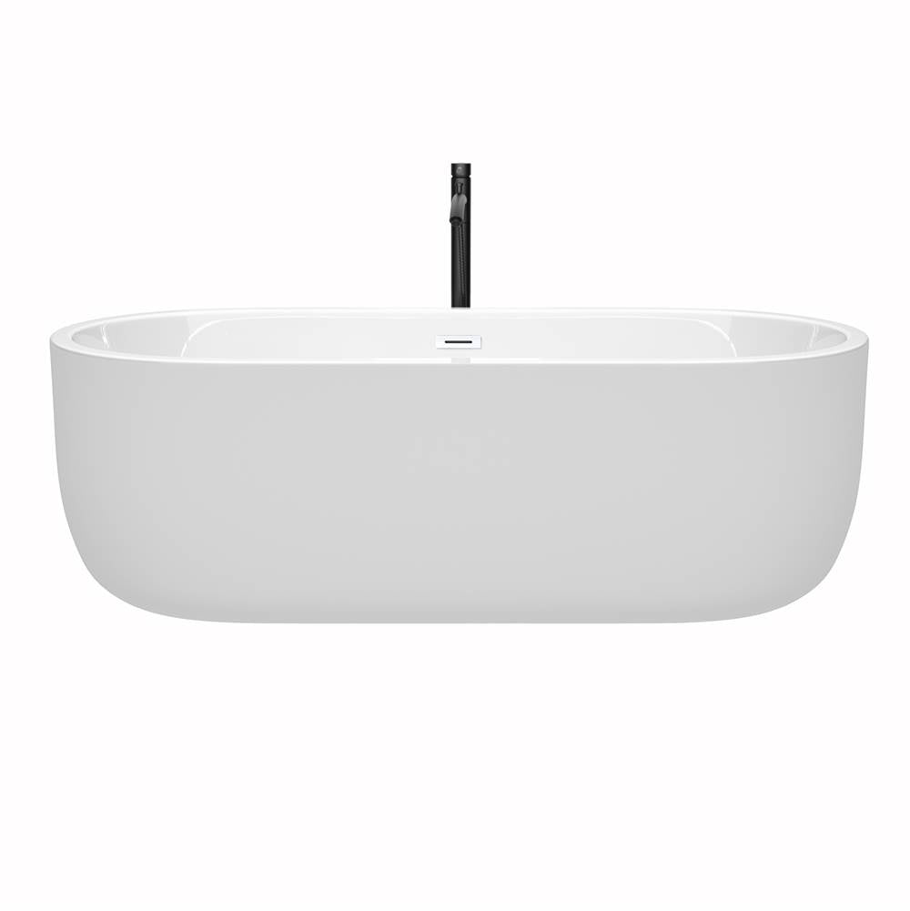 Juliette 71 Inch Freestanding Bathtub in White with Shiny White Trim and Floor Mounted Faucet in Matte Black