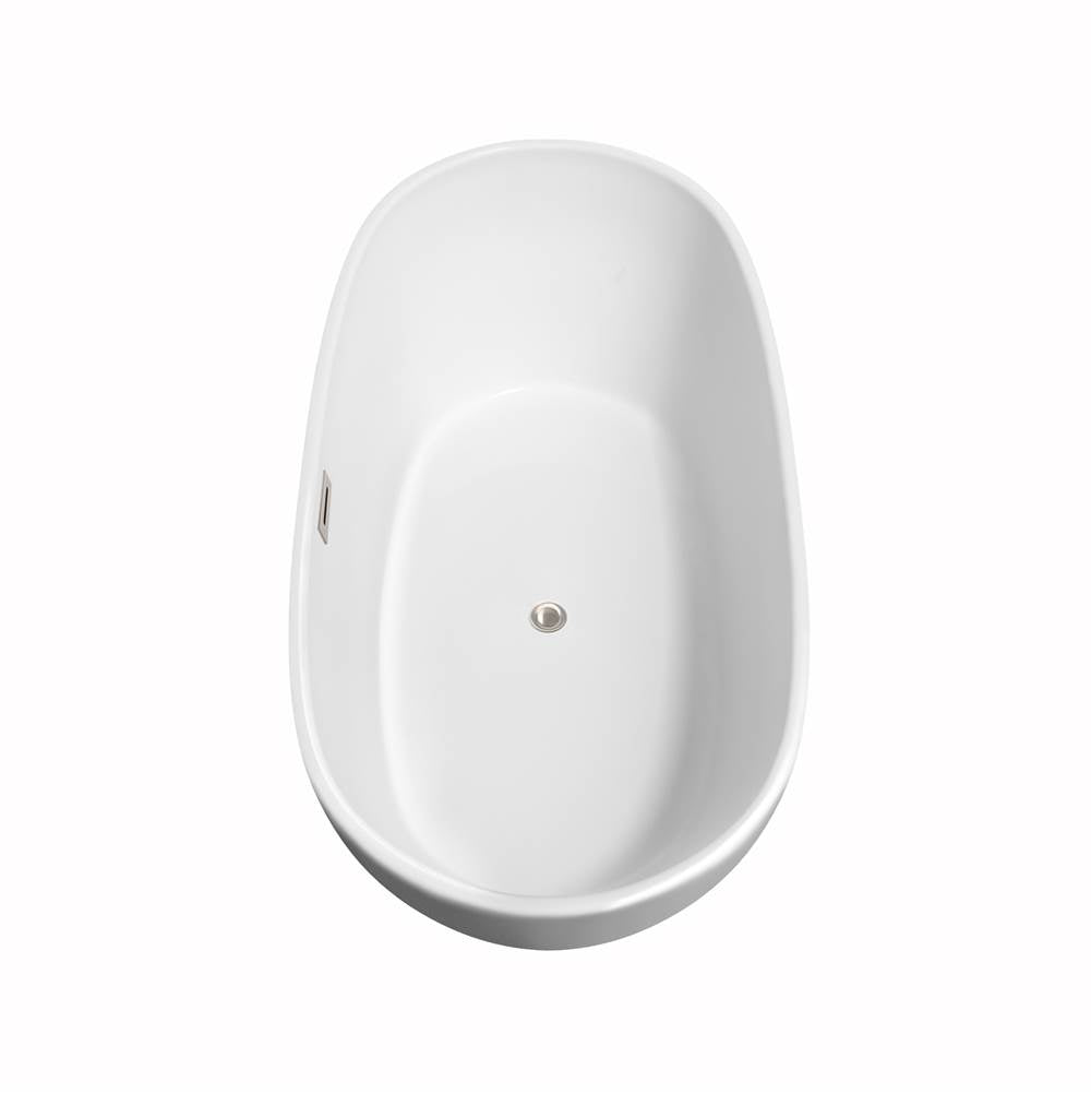 Rebecca 60 Inch Freestanding Bathtub in White with Floor Mounted Faucet, Drain and Overflow Trim in Brushed Nickel