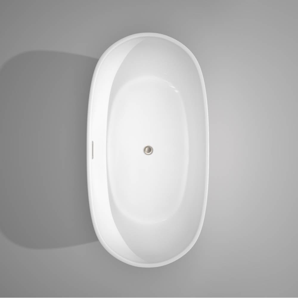 Rebecca 60 Inch Freestanding Bathtub in White with Floor Mounted Faucet, Drain and Overflow Trim in Brushed Nickel