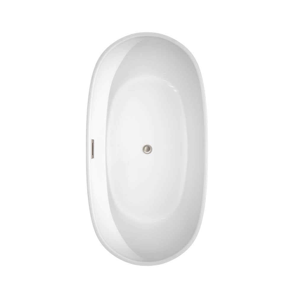 Rebecca 60 Inch Freestanding Bathtub in White with Floor Mounted Faucet, Drain and Overflow Trim in Brushed Nickel