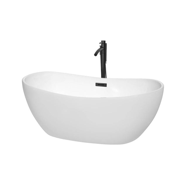 Wyndham Collection - Rebecca 60 Inch Freestanding Bathtub in White with Floor Mounted Faucet, Drain and Overflow Trim in Matte Black