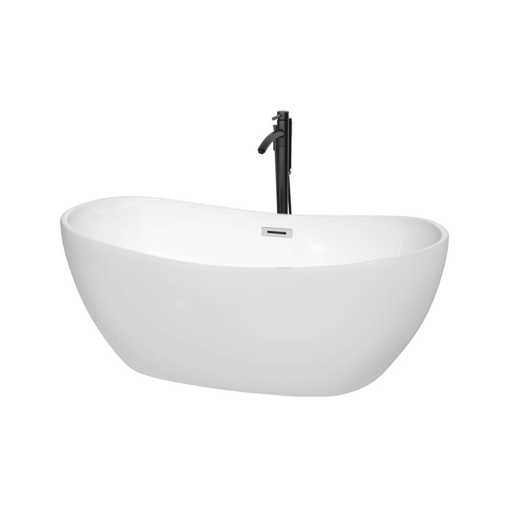 Wyndham Collection - Rebecca 60 Inch Freestanding Bathtub in White with Polished Chrome Trim and Floor Mounted Faucet in Matte Black