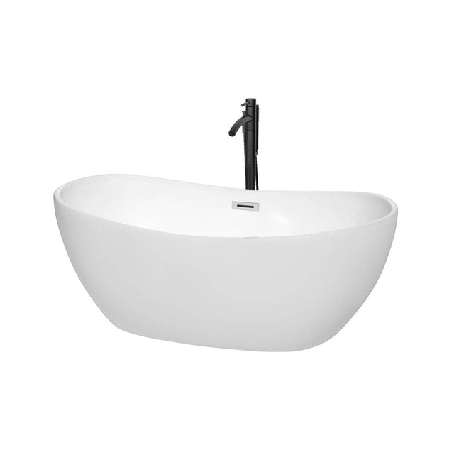 Wyndham Collection - Rebecca 60 Inch Freestanding Bathtub in White with Polished Chrome Trim and Floor Mounted Faucet in Matte Black