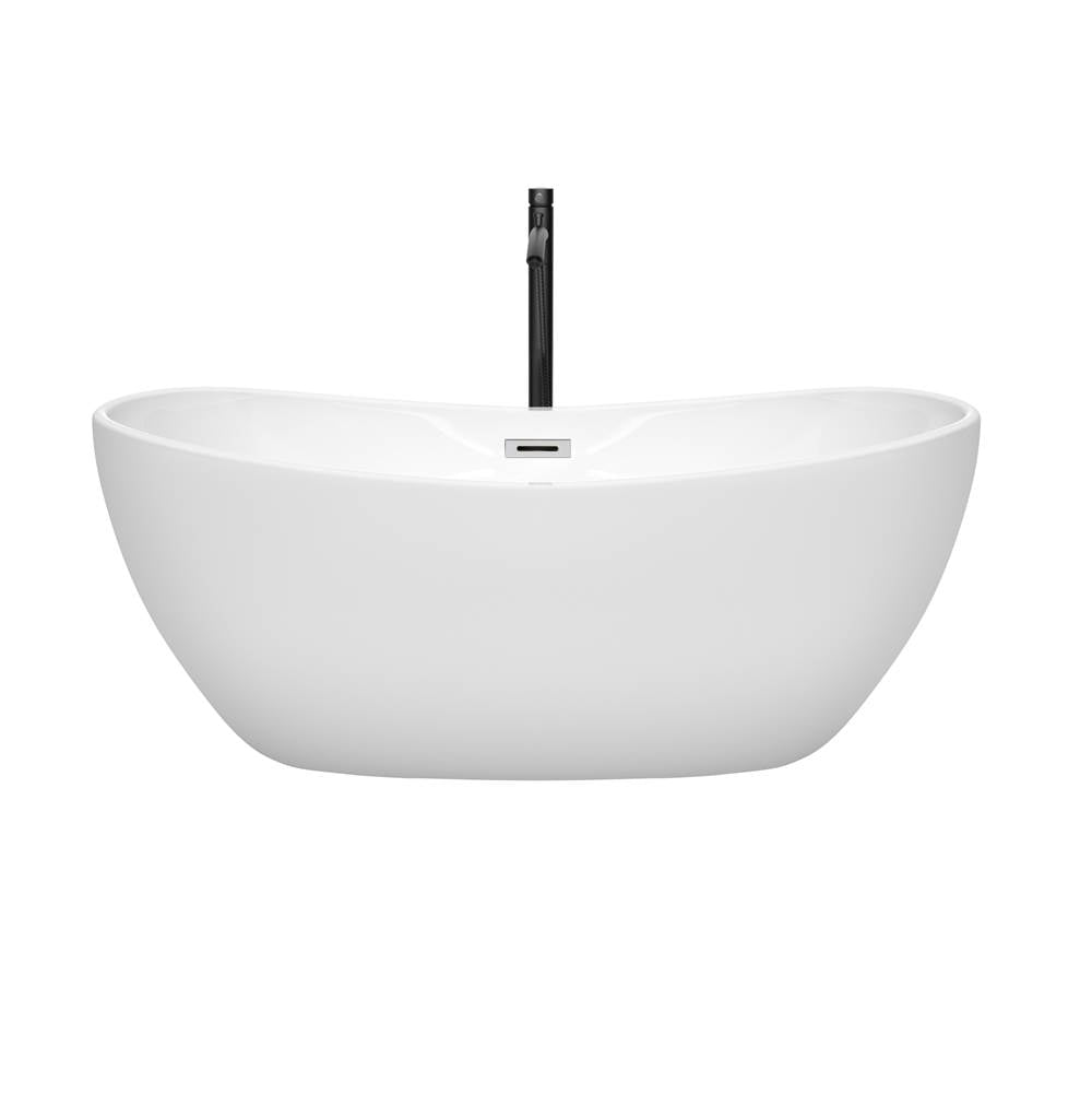 Rebecca 60 Inch Freestanding Bathtub in White with Polished Chrome Trim and Floor Mounted Faucet in Matte Black