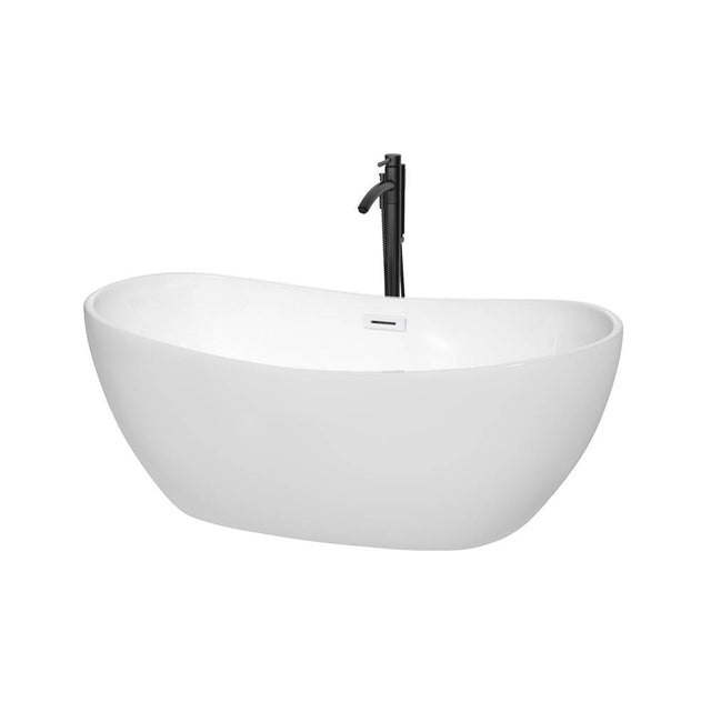Wyndham Collection - Rebecca 60 Inch Freestanding Bathtub in White with Shiny White Trim and Floor Mounted Faucet in Matte Black