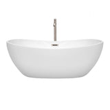 Rebecca 65 Inch Freestanding Bathtub in White with Floor Mounted Faucet, Drain and Overflow Trim in Brushed Nickel