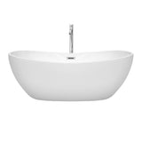 Rebecca 65 Inch Freestanding Bathtub in White with Floor Mounted Faucet, Drain and Overflow Trim in Brushed Nickel