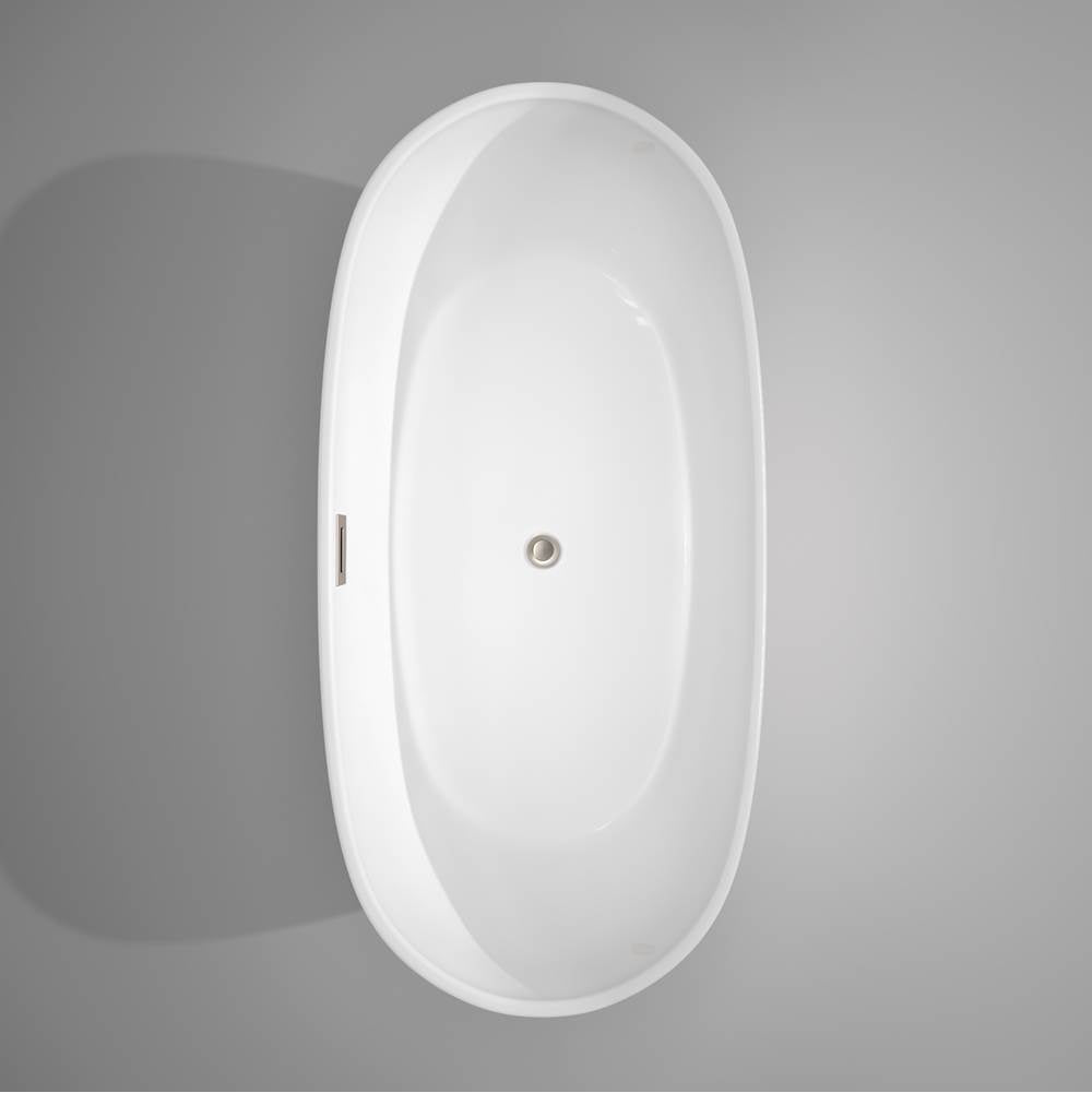 Rebecca 65 Inch Freestanding Bathtub in White with Floor Mounted Faucet, Drain and Overflow Trim in Brushed Nickel