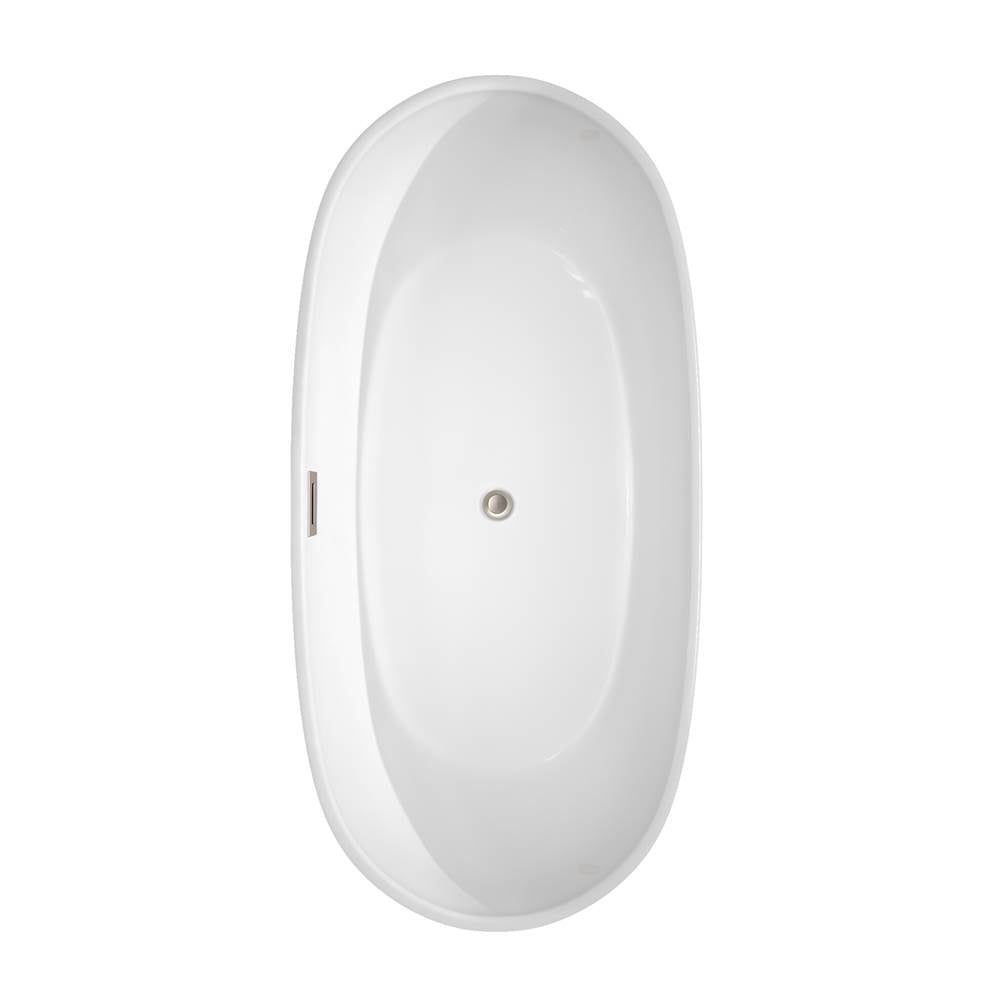 Rebecca 65 Inch Freestanding Bathtub in White with Floor Mounted Faucet, Drain and Overflow Trim in Brushed Nickel