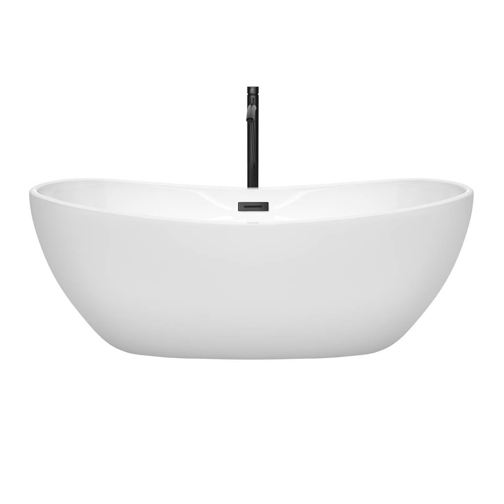 Rebecca 65 Inch Freestanding Bathtub in White with Floor Mounted Faucet, Drain and Overflow Trim in Matte Black