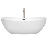 Rebecca 70 Inch Freestanding Bathtub in White with Floor Mounted Faucet, Drain and Overflow Trim in Brushed Nickel