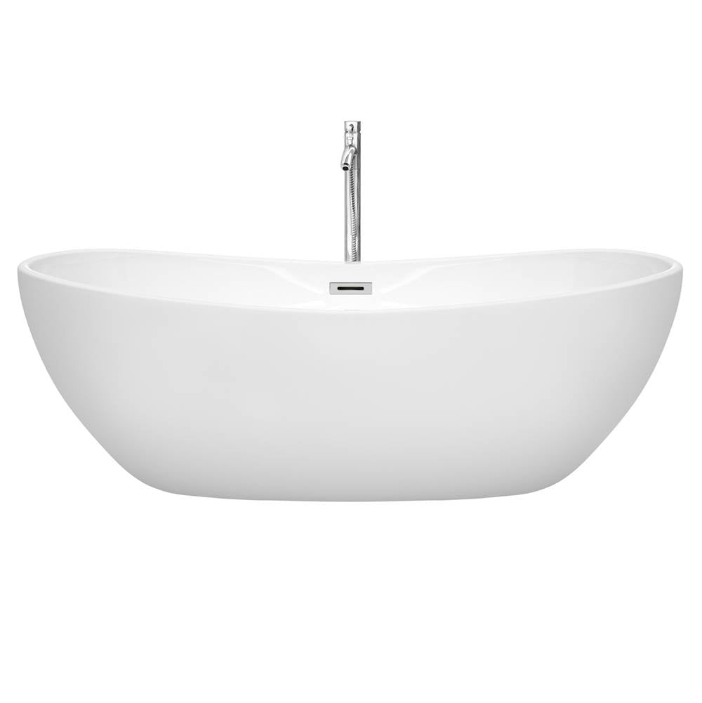 Rebecca 70 Inch Freestanding Bathtub in White with Floor Mounted Faucet, Drain and Overflow Trim in Brushed Nickel