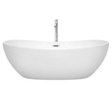 Rebecca 70 Inch Freestanding Bathtub in White with Floor Mounted Faucet, Drain and Overflow Trim in Brushed Nickel