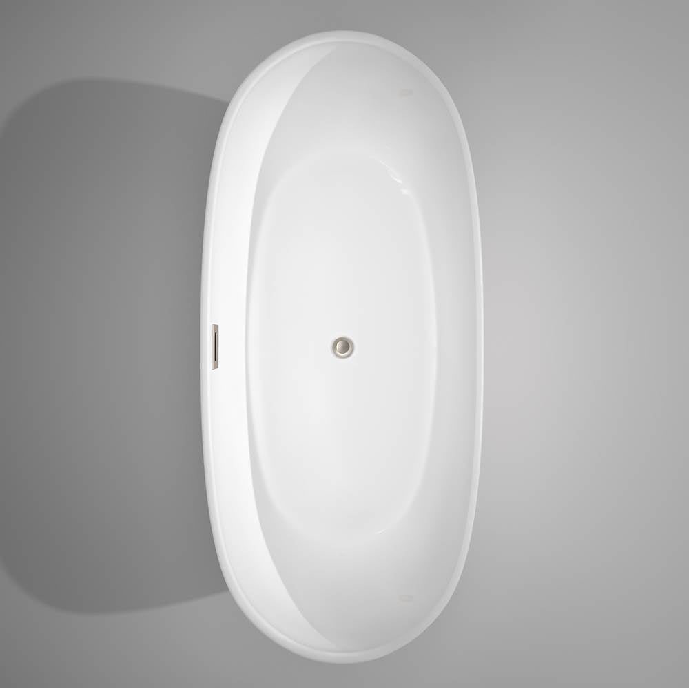 Rebecca 70 Inch Freestanding Bathtub in White with Floor Mounted Faucet, Drain and Overflow Trim in Brushed Nickel
