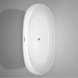 Rebecca 70 Inch Freestanding Bathtub in White with Floor Mounted Faucet, Drain and Overflow Trim in Brushed Nickel