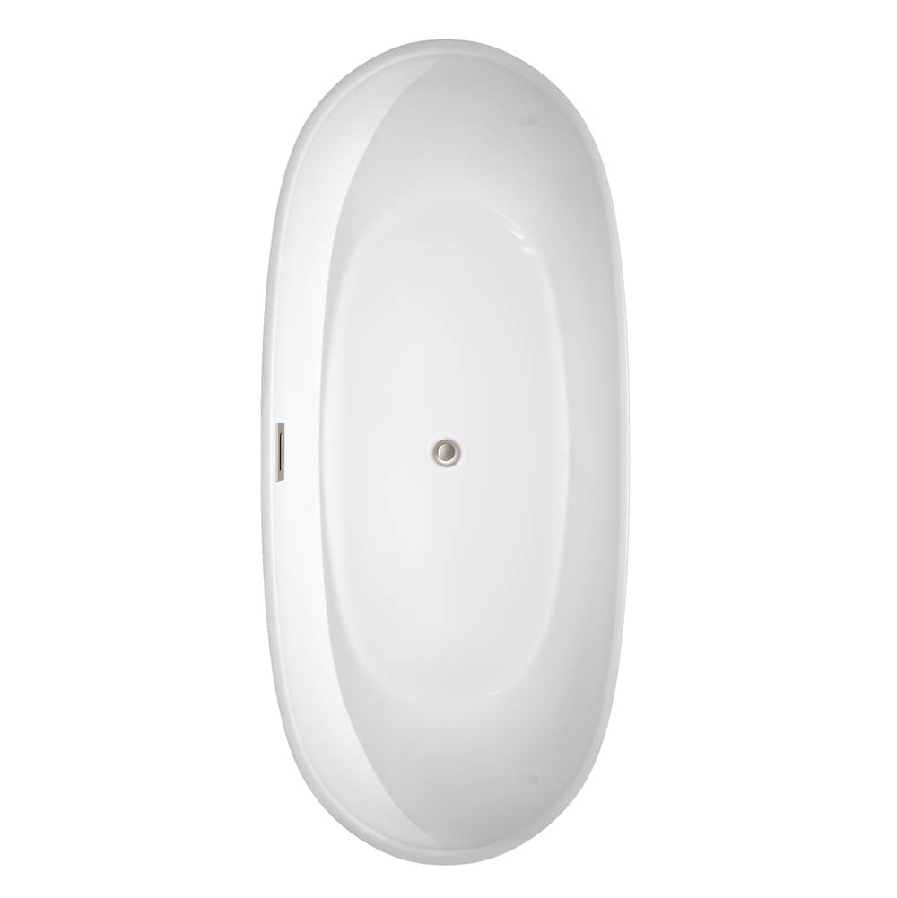 Rebecca 70 Inch Freestanding Bathtub in White with Floor Mounted Faucet, Drain and Overflow Trim in Brushed Nickel