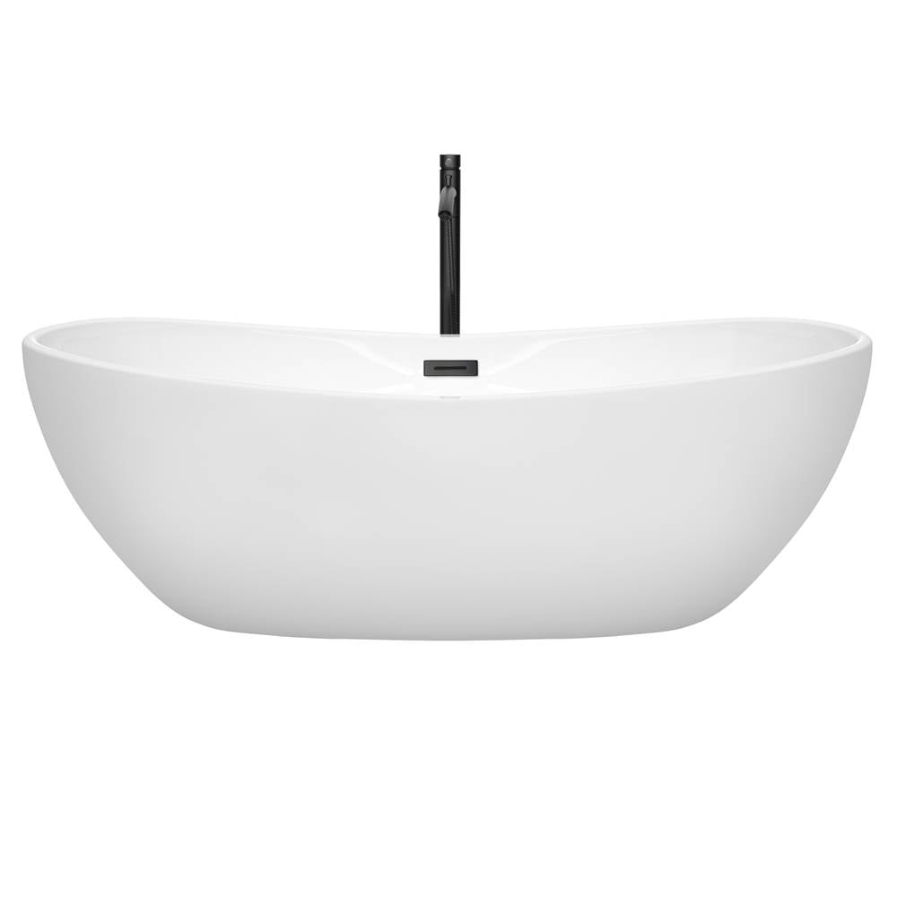 Rebecca 70 Inch Freestanding Bathtub in White with Floor Mounted Faucet, Drain and Overflow Trim in Matte Black