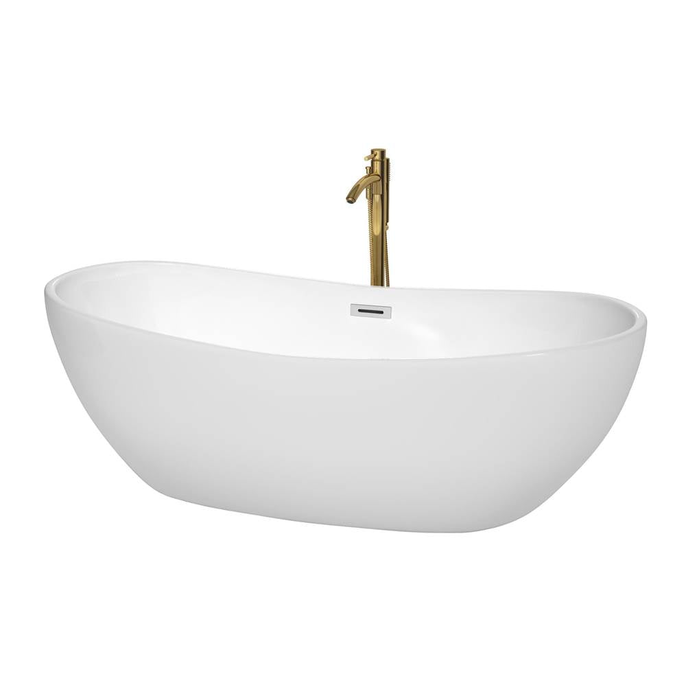 Wyndham Collection - Rebecca 70 Inch Freestanding Bathtub in White with Polished Chrome Trim and Floor Mounted Faucet in Brushed Gold