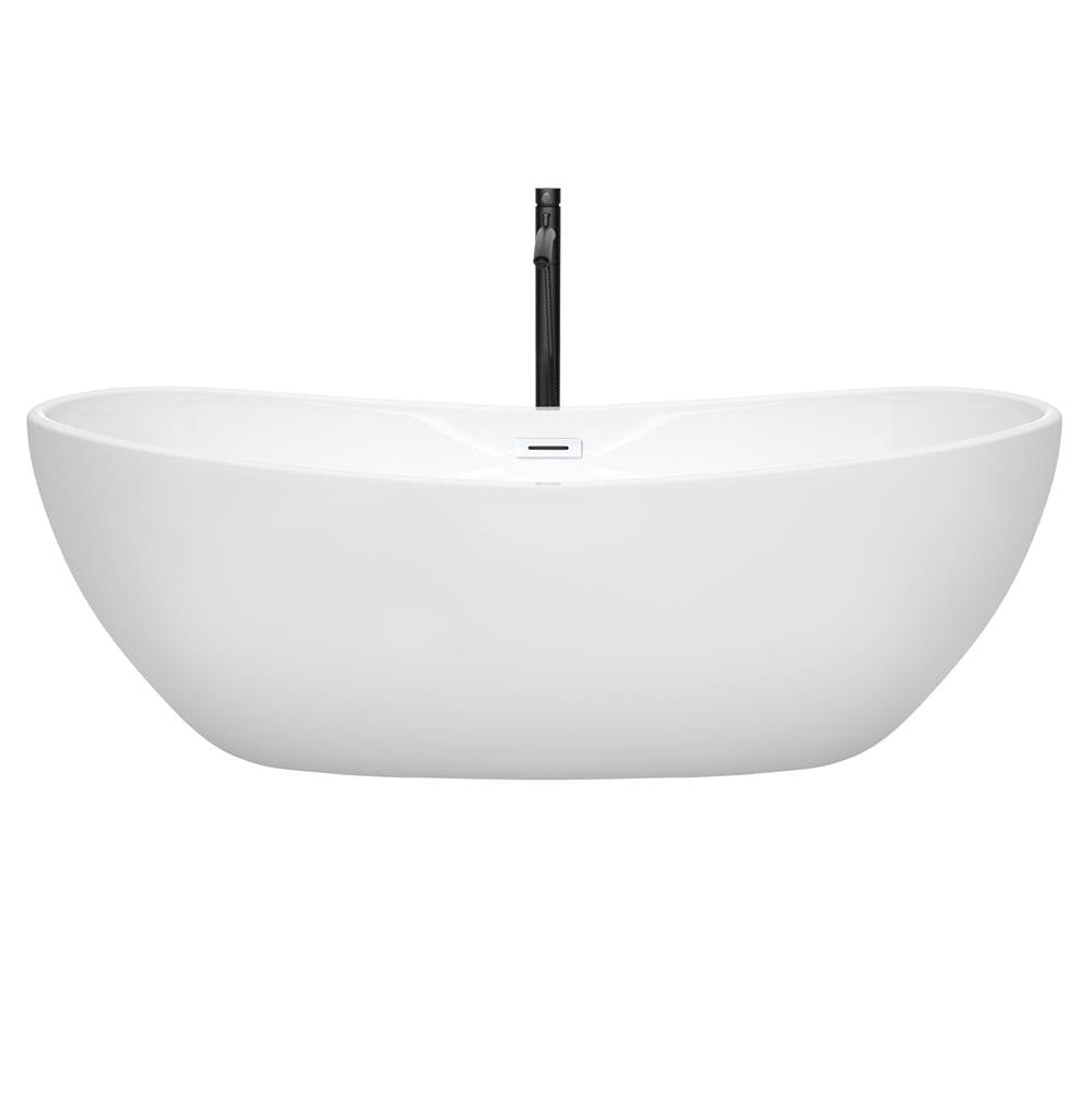 Rebecca 70 Inch Freestanding Bathtub in White with Shiny White Trim and Floor Mounted Faucet in Matte Black