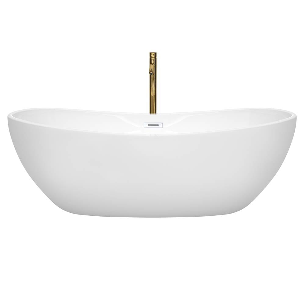 Rebecca 70 Inch Freestanding Bathtub in White with Shiny White Trim and Floor Mounted Faucet in Brushed Gold
