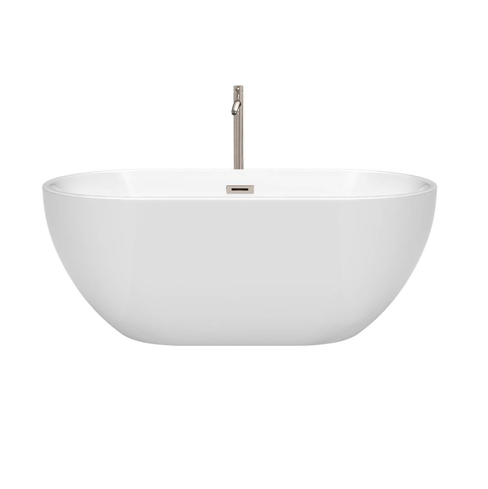Brooklyn 60 Inch Freestanding Bathtub in White with Floor Mounted Faucet, Drain and Overflow Trim in Brushed Nickel