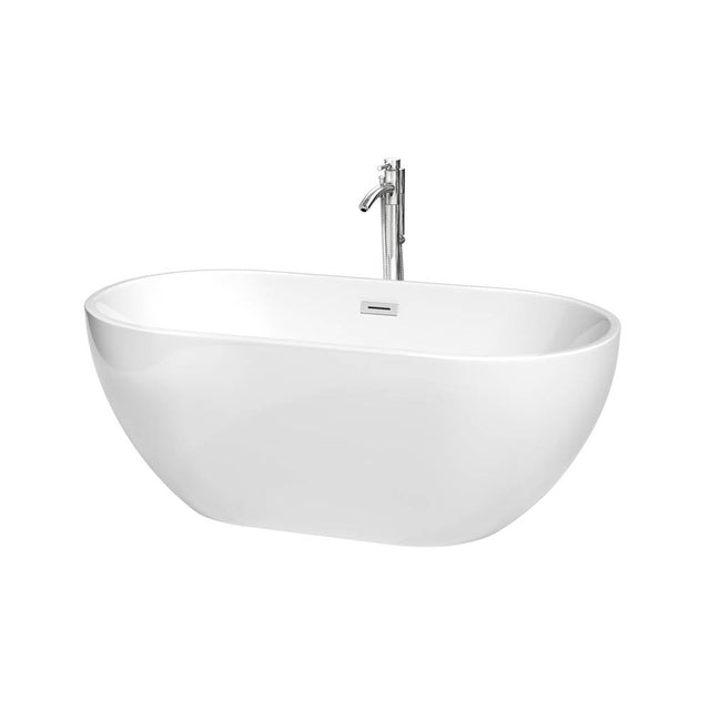 Wyndham Collection - Brooklyn 60 Inch Freestanding Bathtub in White with Floor Mounted Faucet, Drain and Overflow Trim in Polished Chrome