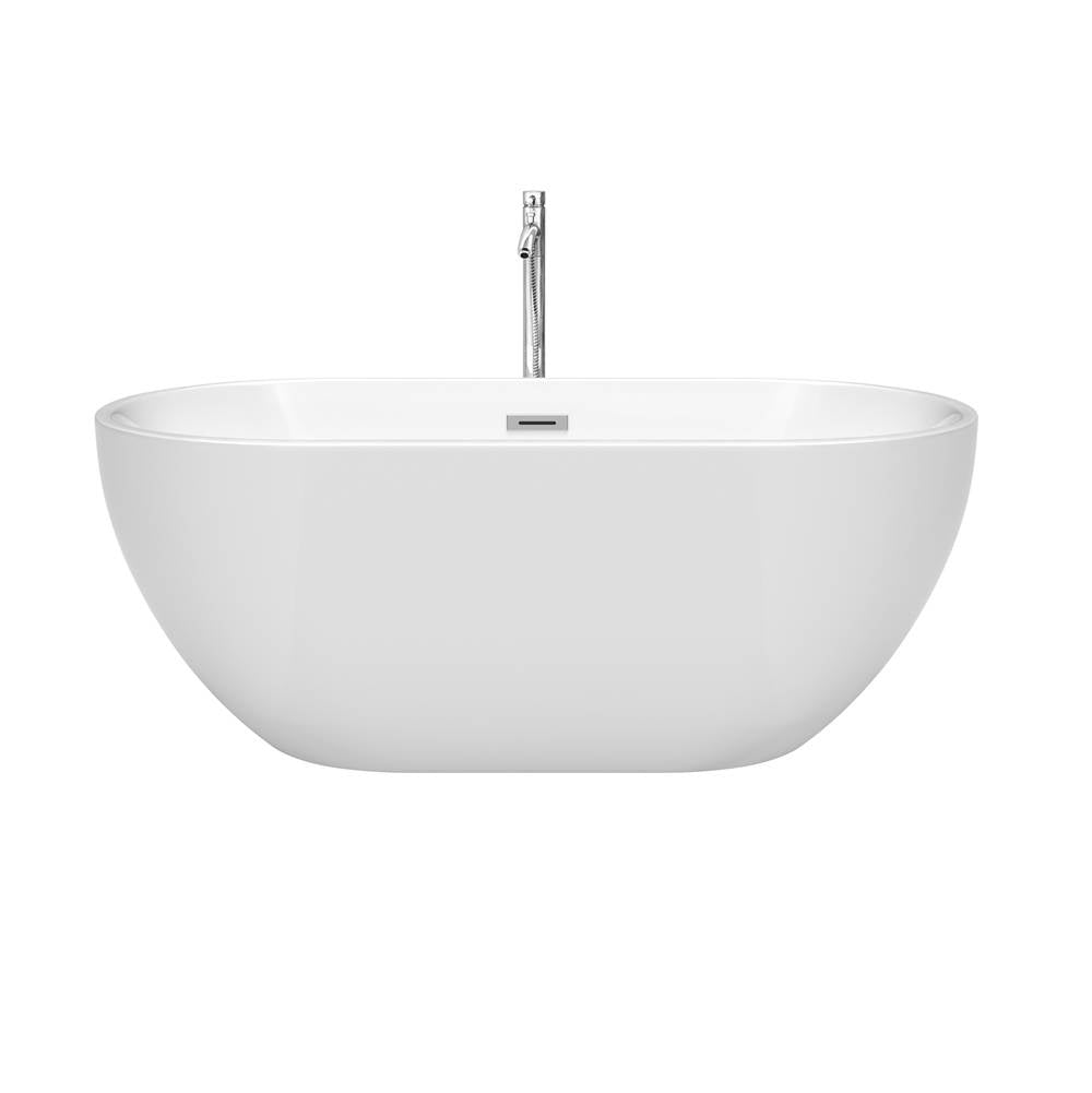 Brooklyn 60 Inch Freestanding Bathtub in White with Floor Mounted Faucet, Drain and Overflow Trim in Polished Chrome