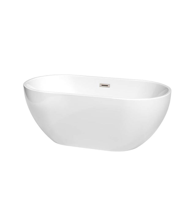 Wyndham Collection - Brooklyn 60 Inch Freestanding Bathtub in White with Brushed Nickel Drain and Overflow Trim