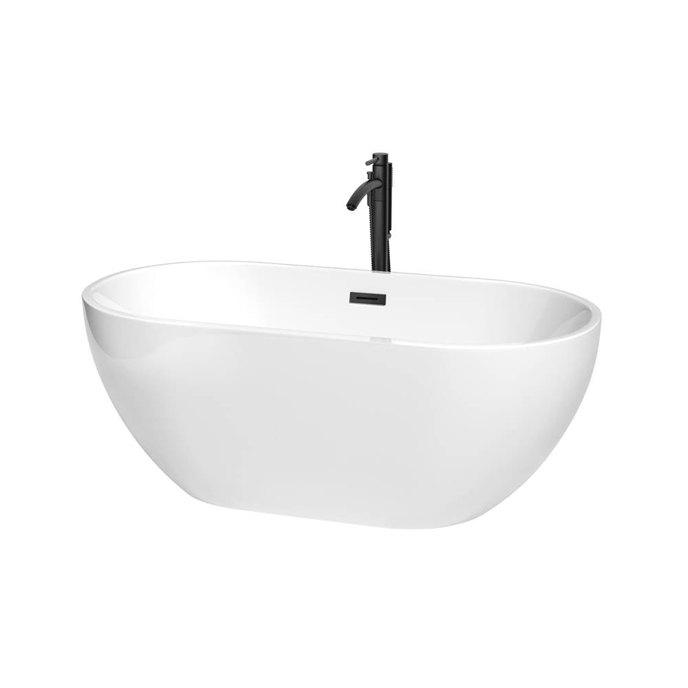 Wyndham Collection - Brooklyn 60 Inch Freestanding Bathtub in White with Floor Mounted Faucet, Drain and Overflow Trim in Matte Black
