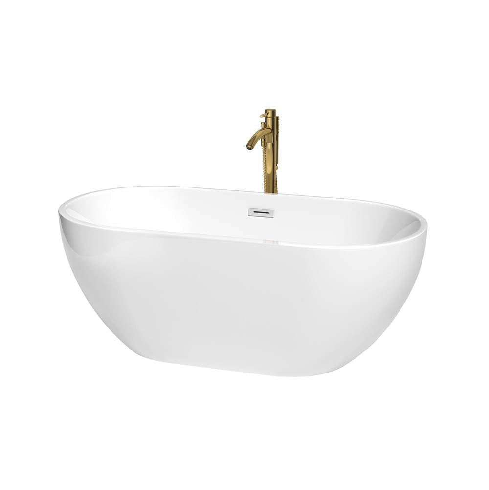 Wyndham Collection - Brooklyn 60 Inch Freestanding Bathtub in White with Polished Chrome Trim and Floor Mounted Faucet in Brushed Gold