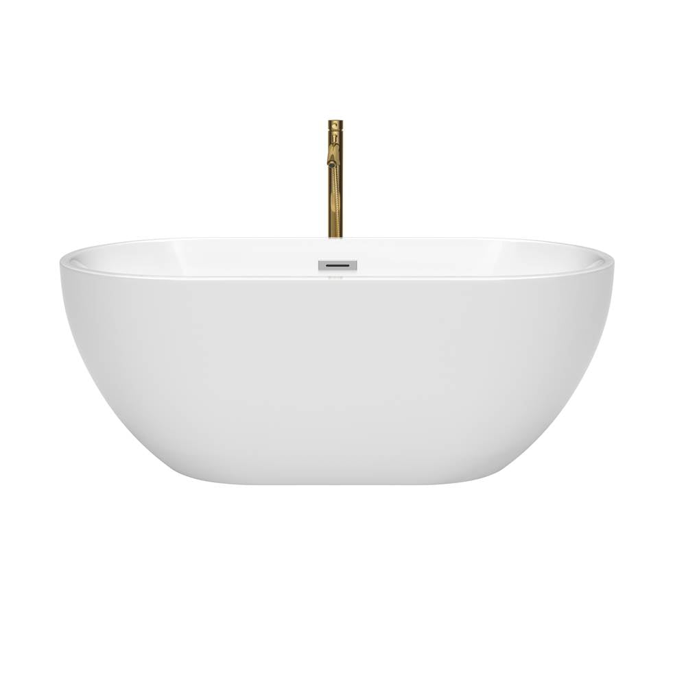 Brooklyn 60 Inch Freestanding Bathtub in White with Polished Chrome Trim and Floor Mounted Faucet in Brushed Gold