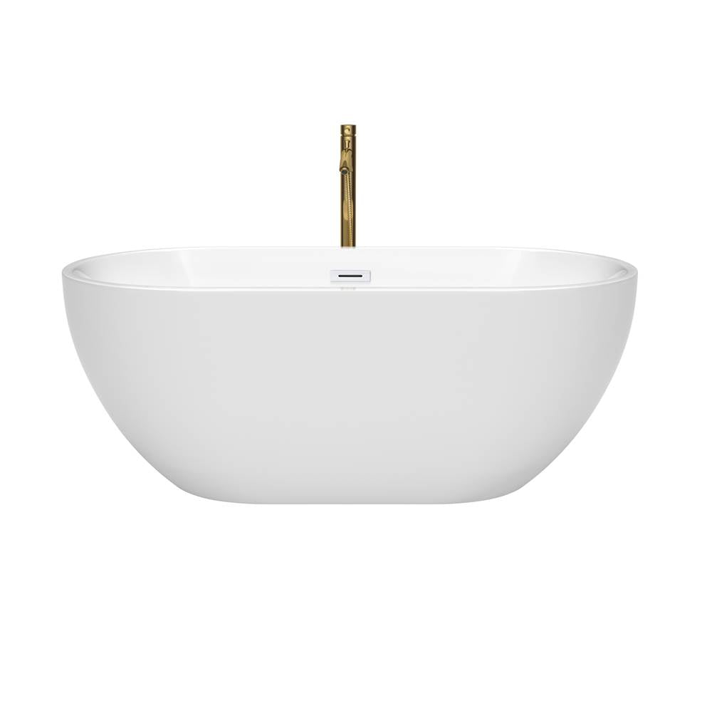 Brooklyn 60 Inch Freestanding Bathtub in White with Shiny White Trim and Floor Mounted Faucet in Brushed Gold