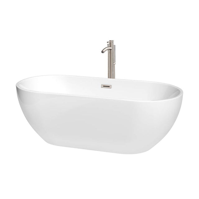 Wyndham Collection - Brooklyn 67 Inch Freestanding Bathtub in White with Floor Mounted Faucet, Drain and Overflow Trim in Brushed Nickel