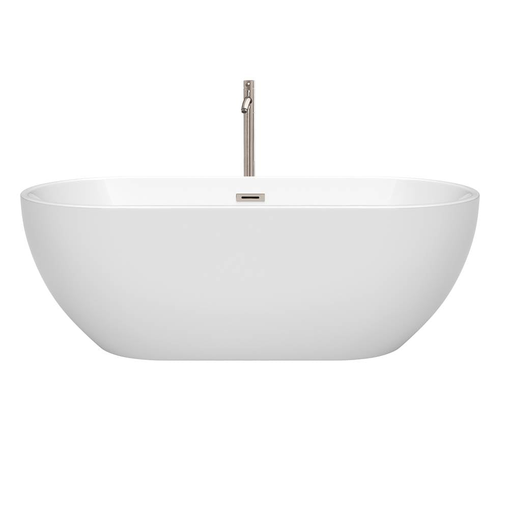 Brooklyn 67 Inch Freestanding Bathtub in White with Floor Mounted Faucet, Drain and Overflow Trim in Brushed Nickel