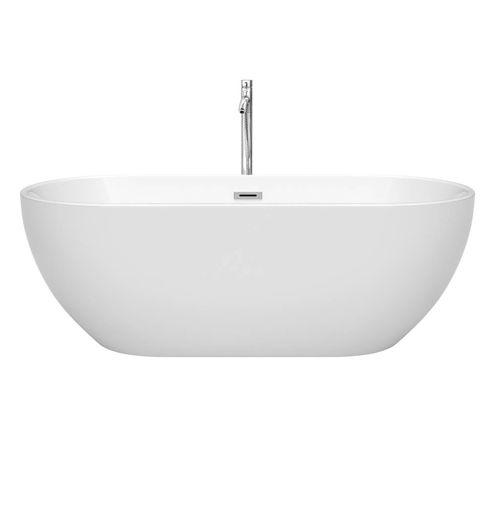 Brooklyn 67 Inch Freestanding Bathtub in White with Floor Mounted Faucet, Drain and Overflow Trim in Polished Chrome