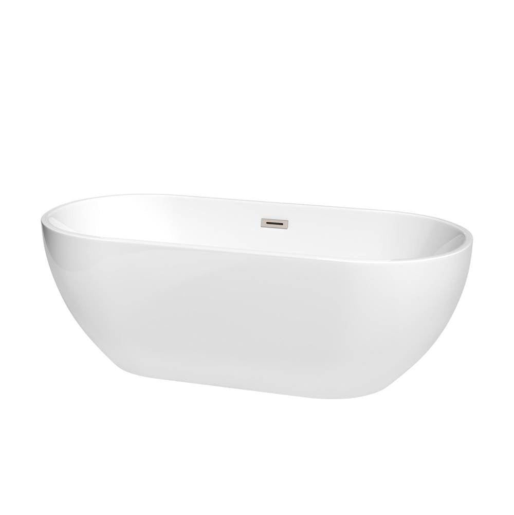 Wyndham Collection - Brooklyn 67 Inch Freestanding Bathtub in White with Brushed Nickel Drain and Overflow Trim