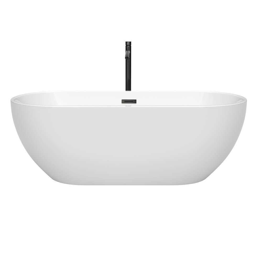 Brooklyn 67 Inch Freestanding Bathtub in White with Floor Mounted Faucet, Drain and Overflow Trim in Matte Black