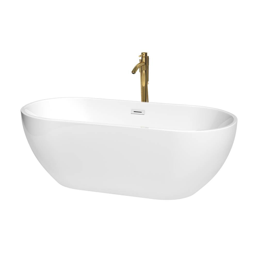 Wyndham Collection - Brooklyn 67 Inch Freestanding Bathtub in White with Shiny White Trim and Floor Mounted Faucet in Brushed Gold