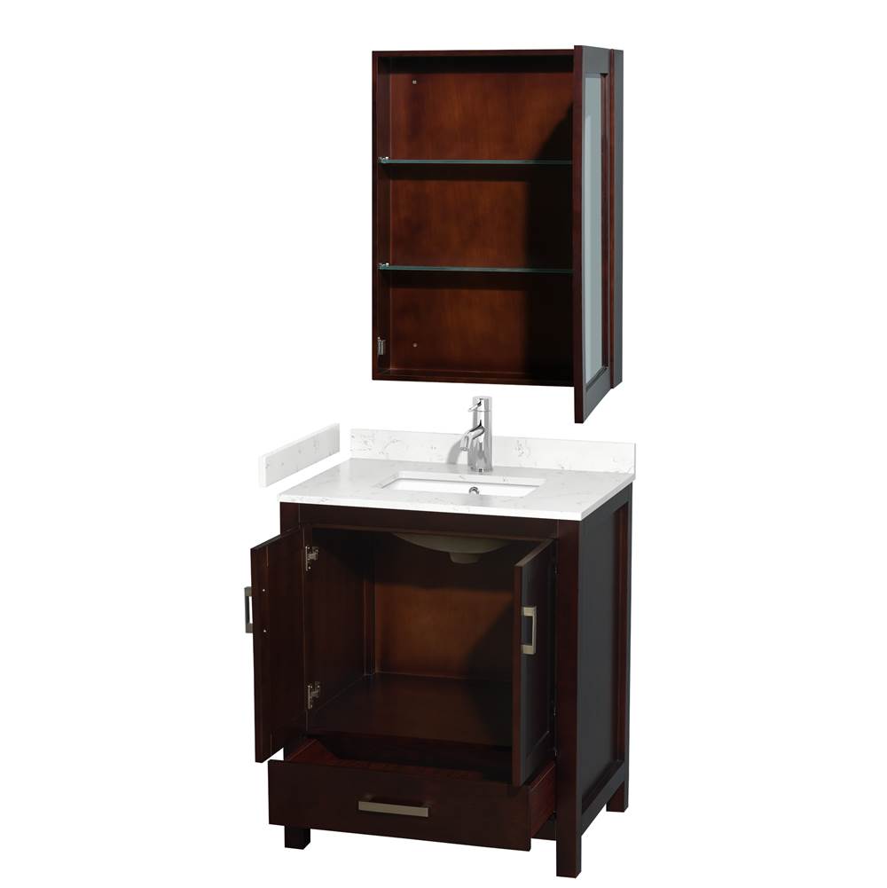 Sheffield 30 Inch Single Bathroom Vanity in Espresso, Carrara Cultured Marble Countertop, Undermount Square Sink, Medicine Cabinet