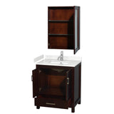 Sheffield 30 Inch Single Bathroom Vanity in Espresso, Carrara Cultured Marble Countertop, Undermount Square Sink, Medicine Cabinet