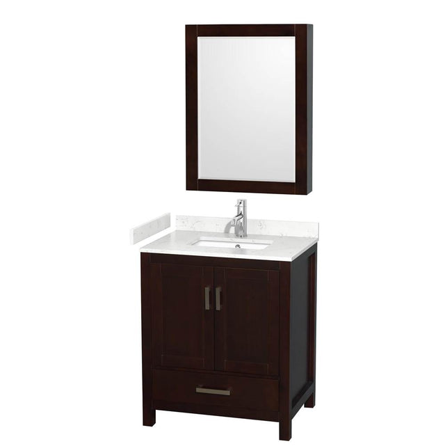 Wyndham Collection - Sheffield 30 Inch Single Bathroom Vanity in Espresso, Carrara Cultured Marble Countertop, Undermount Square Sink, Medicine Cabinet