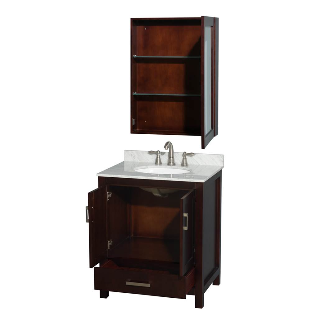 Sheffield 30 Inch Single Bathroom Vanity in Espresso, White Carrara Marble Countertop, Undermount Oval Sink, and Medicine Cabinet
