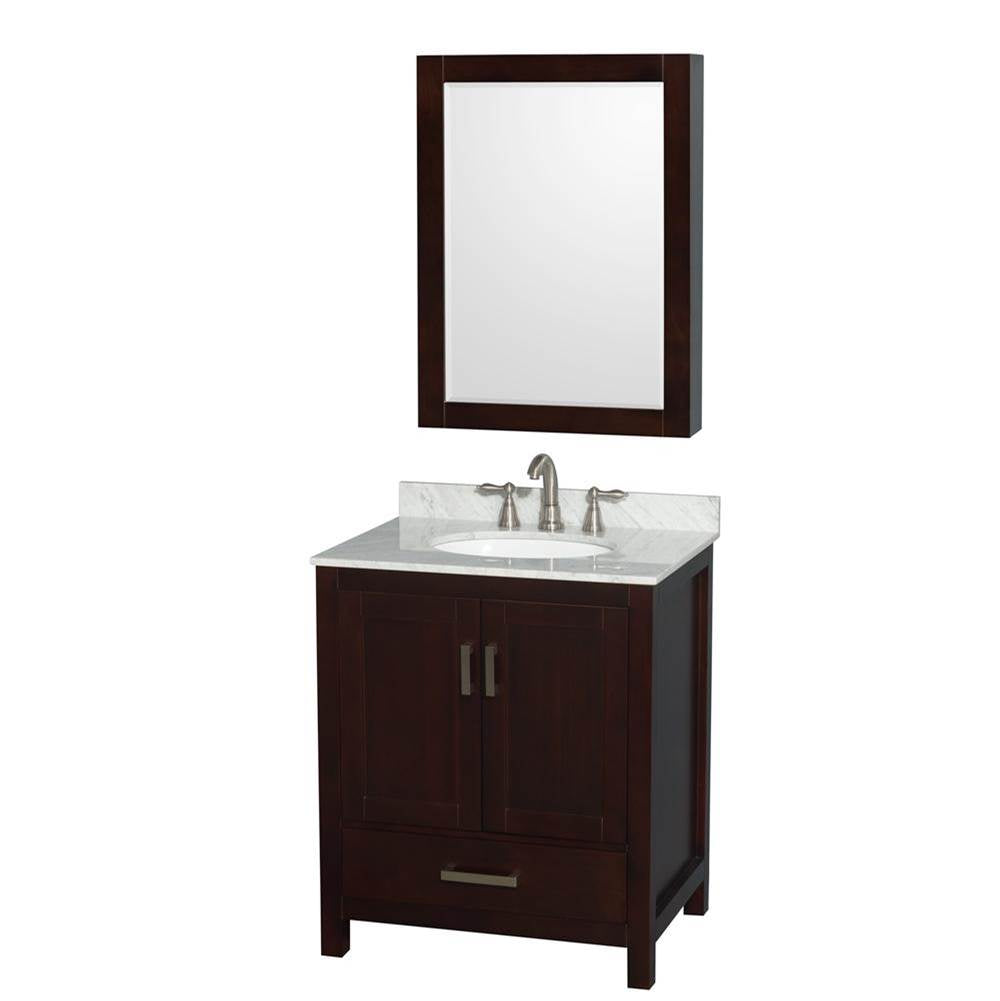 Wyndham Collection - Sheffield 30 Inch Single Bathroom Vanity in Espresso, White Carrara Marble Countertop, Undermount Oval Sink, and Medicine Cabinet - Espresso