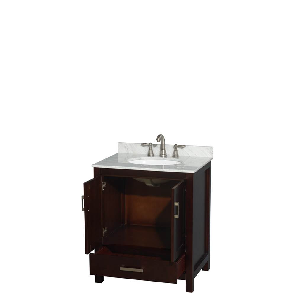 Sheffield 30 Inch Single Bathroom Vanity in Espresso, White Carrara Marble Countertop, Undermount Oval Sink, and No Mirror