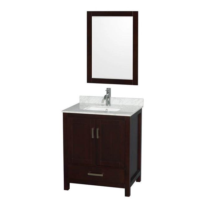 Wyndham Collection - Sheffield 30 Inch Single Bathroom Vanity in Espresso, White Carrara Marble Countertop, Undermount Square Sink, and 24 Inch Mirror - Espresso