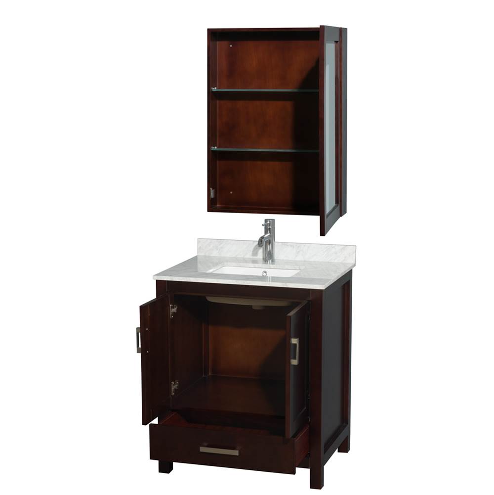Sheffield 30 Inch Single Bathroom Vanity in Espresso, White Carrara Marble Countertop, Undermount Square Sink, and Medicine Cabinet